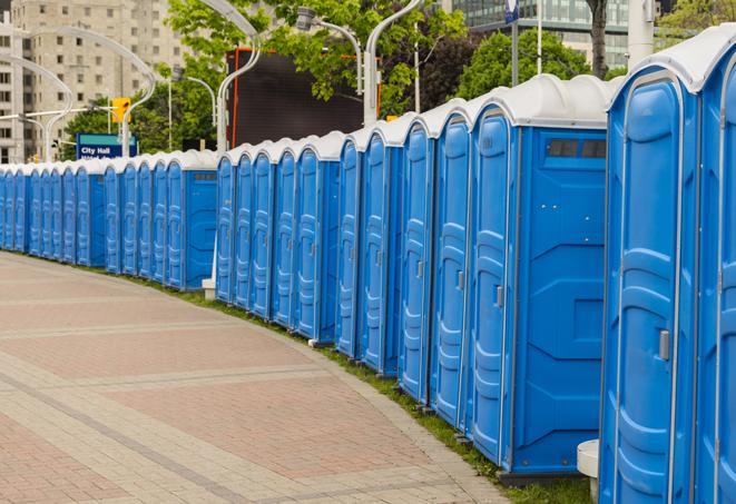 Seasonal porta potty units set up at a Hollister, California venue